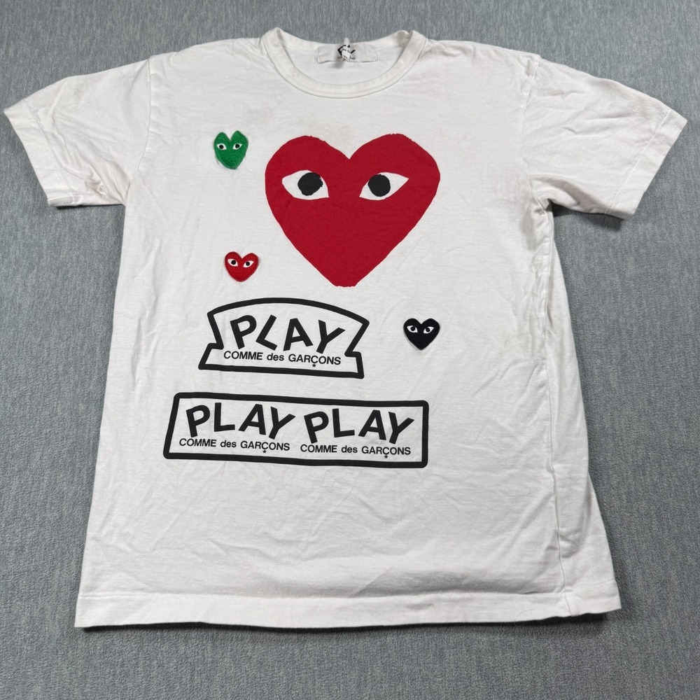 Comme des Garcons PLAY Shirt Mens XL White Multi Heart Eyes Embroidered Graphic